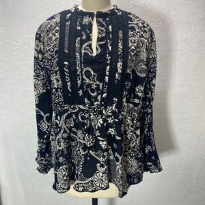 BILA Woman 2XL Black White Paisley Floral Print Long Sleeve‎ Blouse Top Keyhole